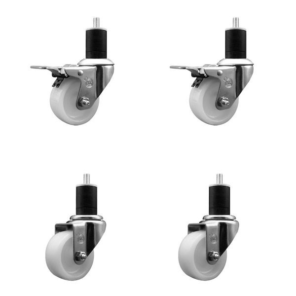 3'' Nylon Swivel 1-3/4'' Expanding Stem Caster Set 2 Total Lock Brakes, 4PK